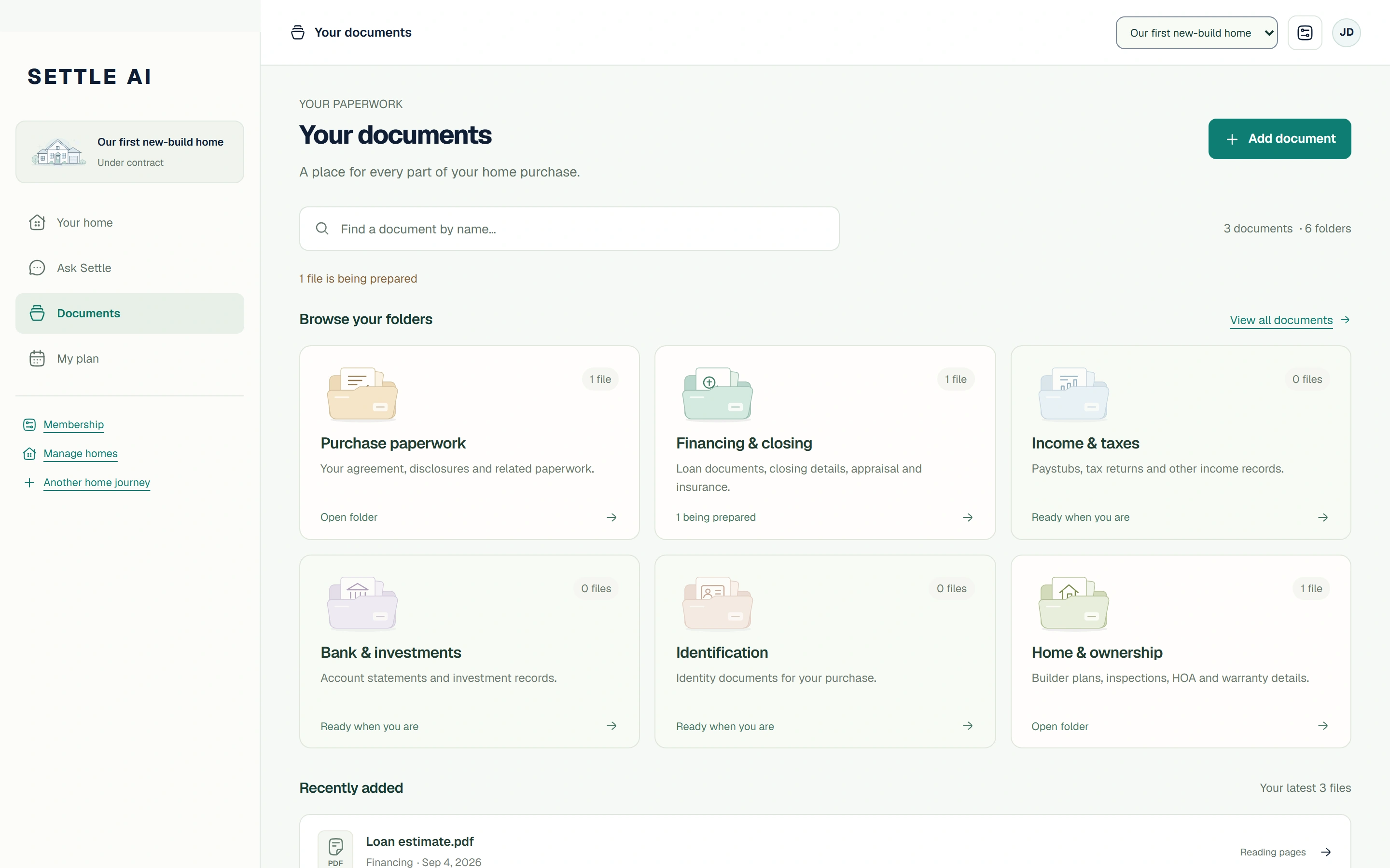 An example Settle library with folders for purchase paperwork and financing.