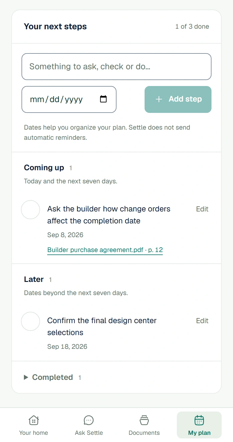 An example saved plan with dated tasks and completed steps.